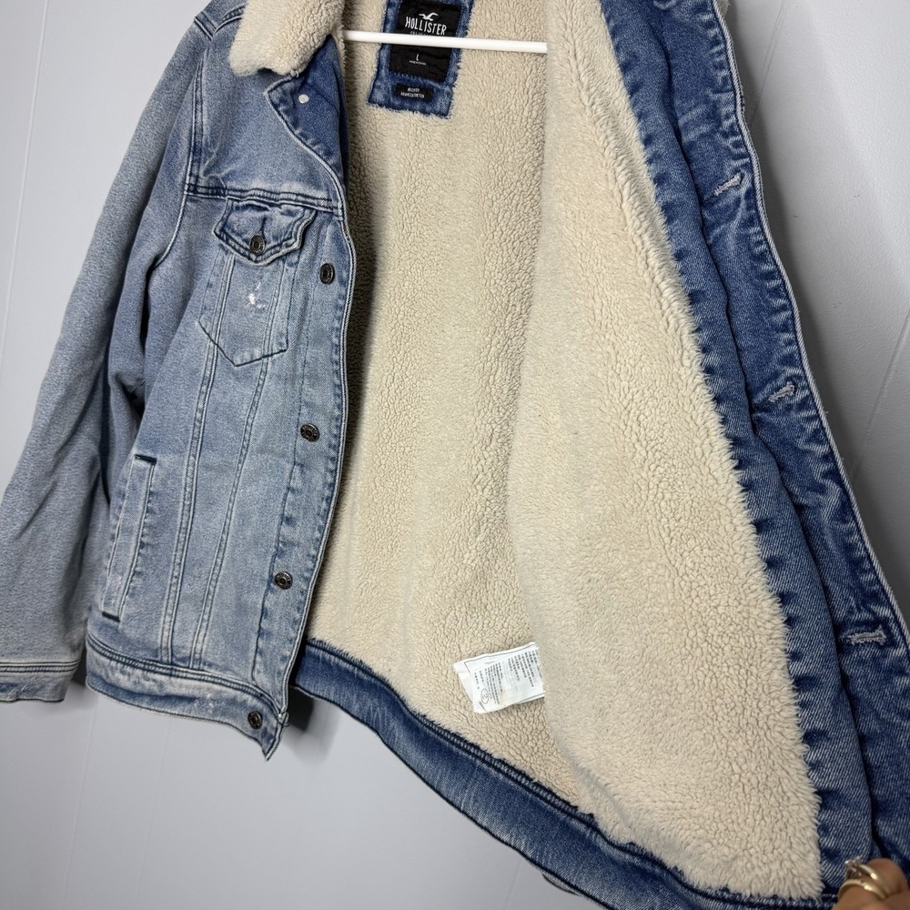 Abercrombie & Fitch Sherpa Lined Denim Trucker Jacket Mens Large Jean Coat - Picture 6 of 14